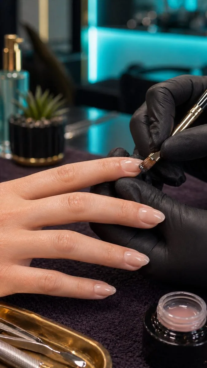 Hard gel manicure application at RM Nail Salon in Midtown NYC
