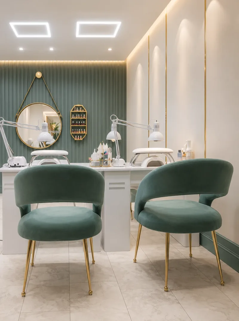 RM Nail Salon green and gold manicure studio interior