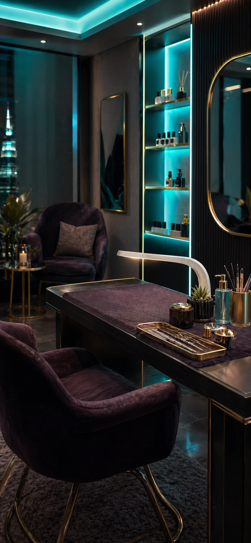 Cyan-lit RM Nail Salon studio chair