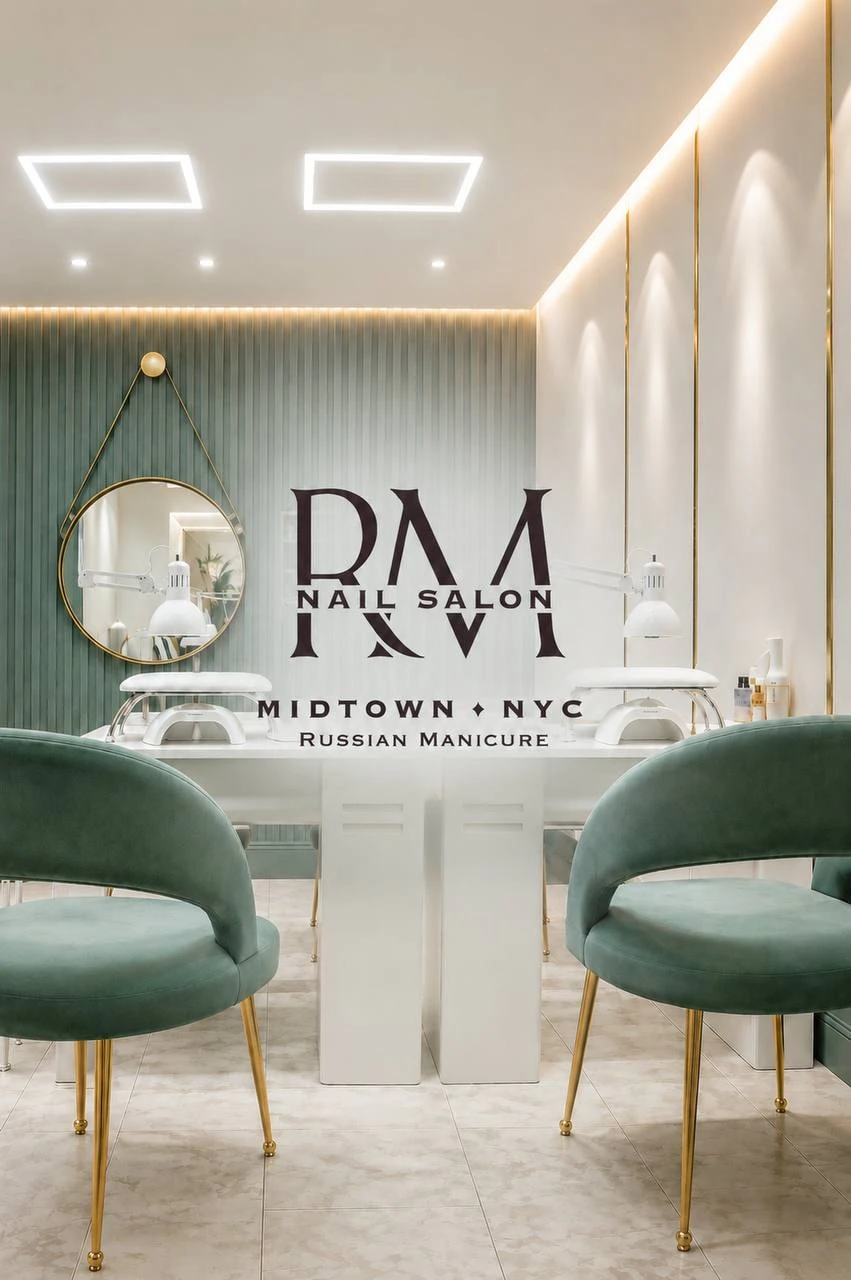 Manicure stations inside RM Nail Salon in Midtown NYC